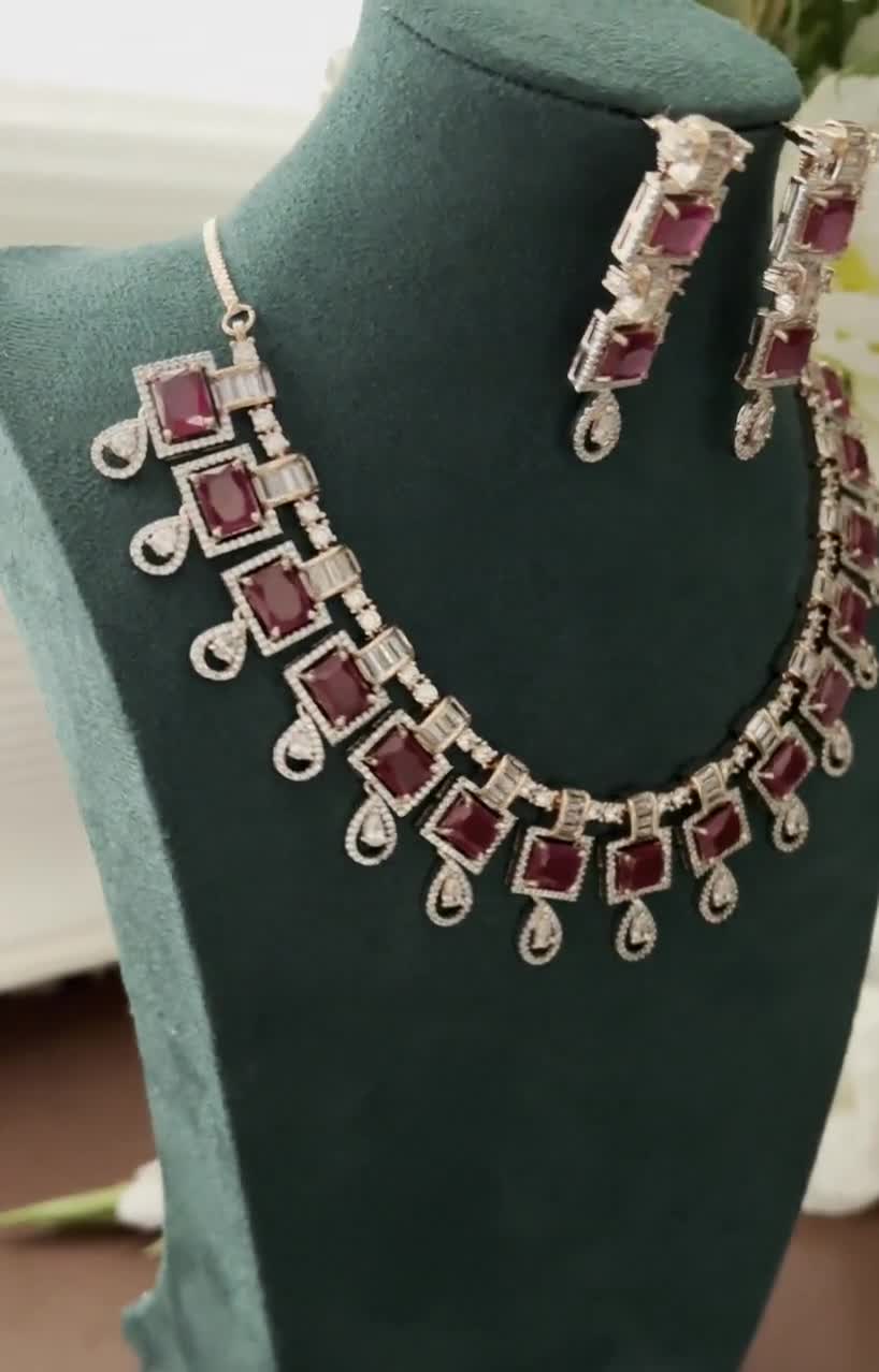 Details about   Ethnic Indian American Fashion Jewelry AD Ruby Necklace Earrings Jewelry Set a60 