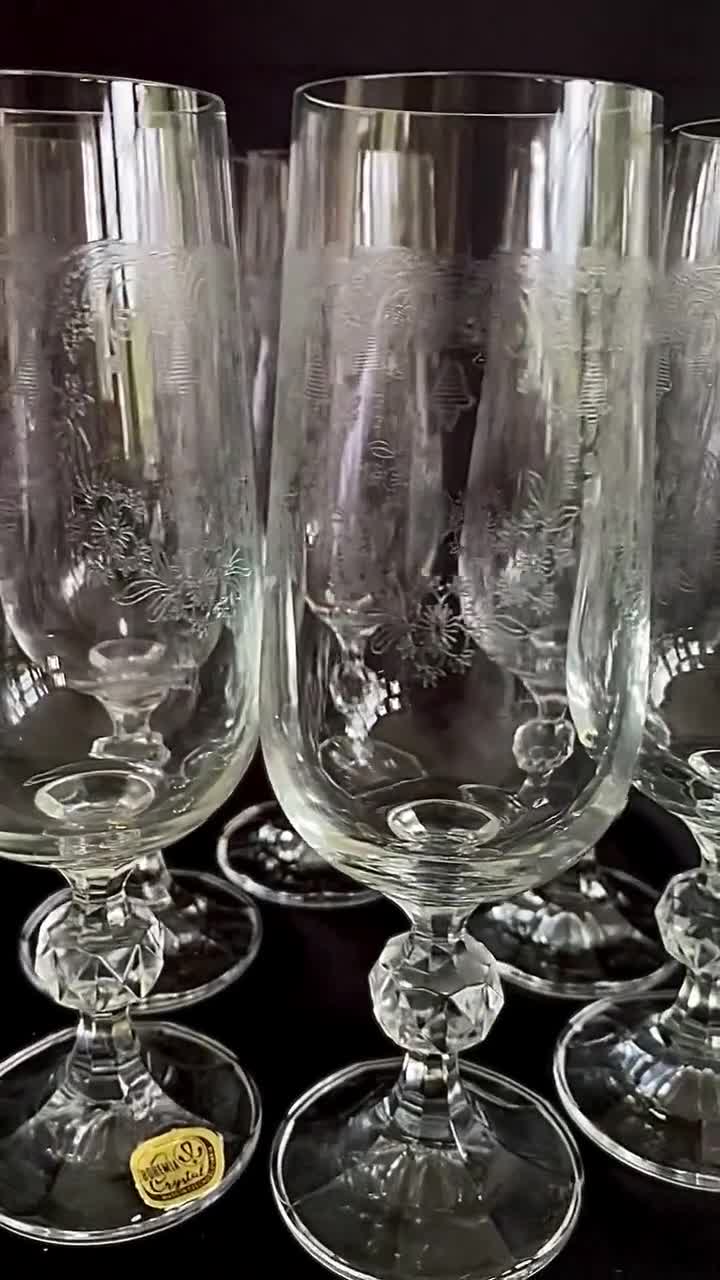 Set of 8 Etched Crystal Champagne Flutes Faceted Ball Stem Import Associates Cascade  Formal Champagne Glasses Wedding Bridal Celebration