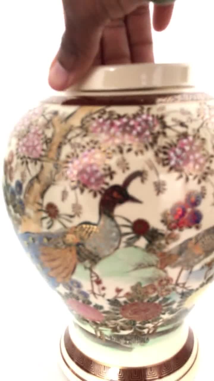 Beautiful Hand Painted Andrea By Sadek Japanese Ginger Jar with Lid Adorned with Peacocks Cherry Blossoms and Landscapes