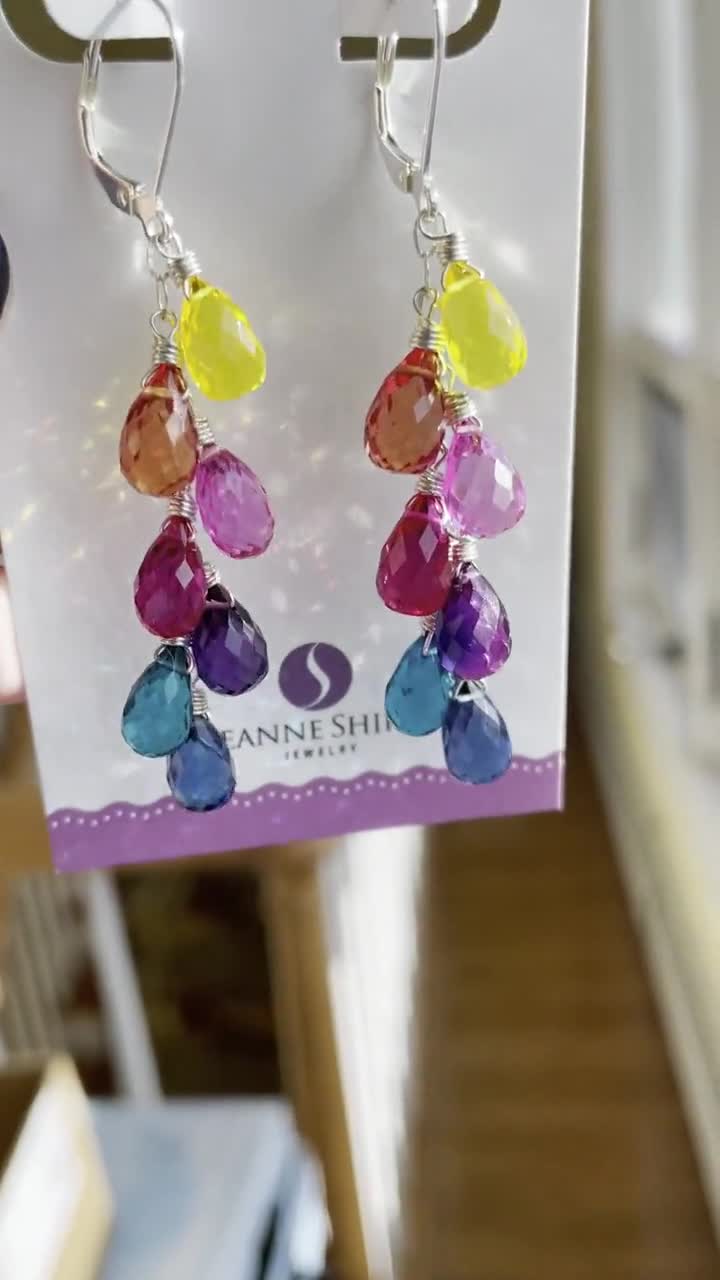 Multi color quartz teardrop earrings Gift Idea Jewel Tone Rainbow earrings Sieraden Oorbellen Clusteroorbellen multicolor earring SEE VIDEO gemstone earring 