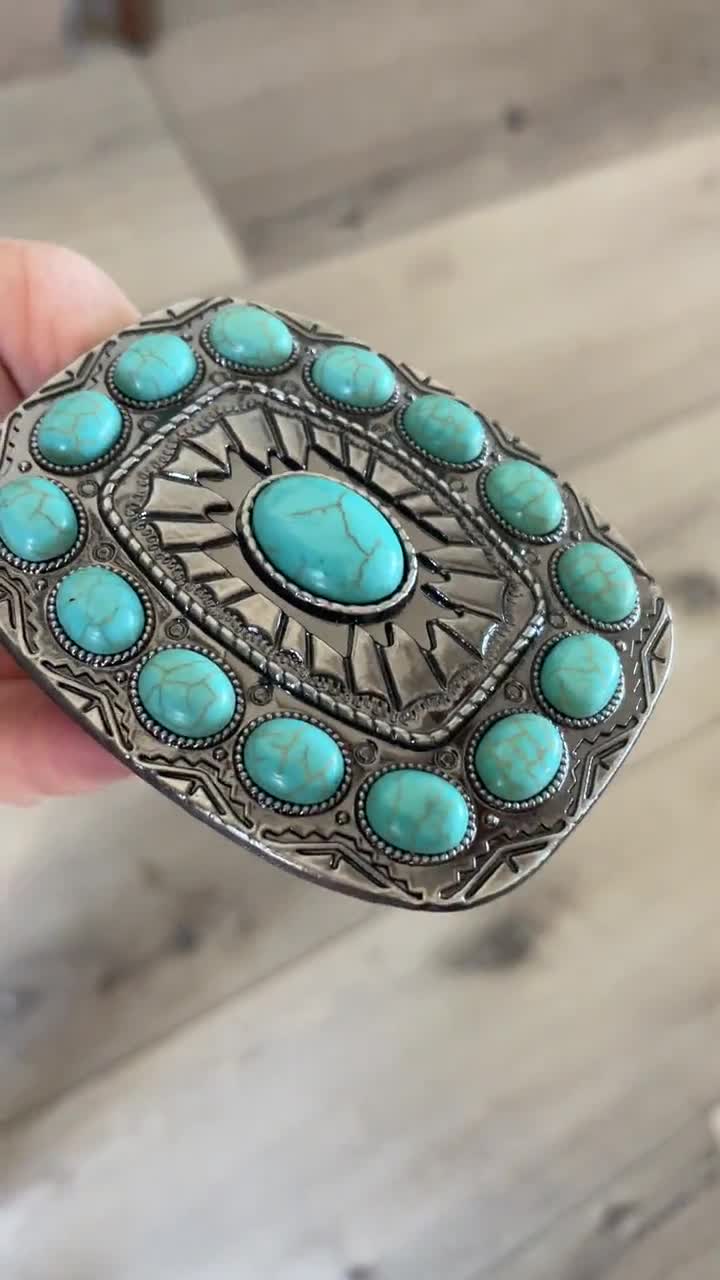 Customizable Mortenson Rodeo Belt Buckle Turquoise Stones Silver Engraved 