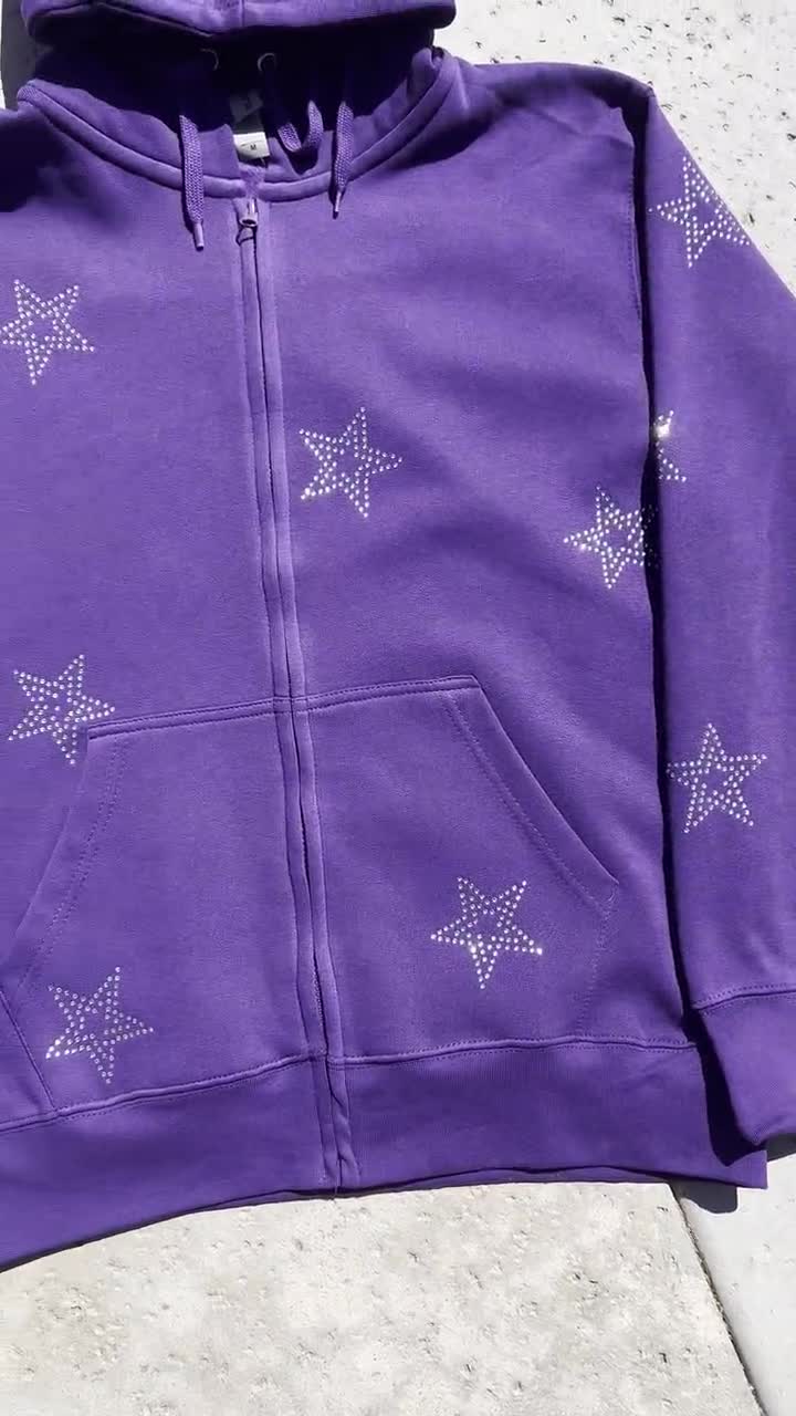 Purple Y2k Rhinestone All Over Star Zip up Hoodie 10ss - Etsy