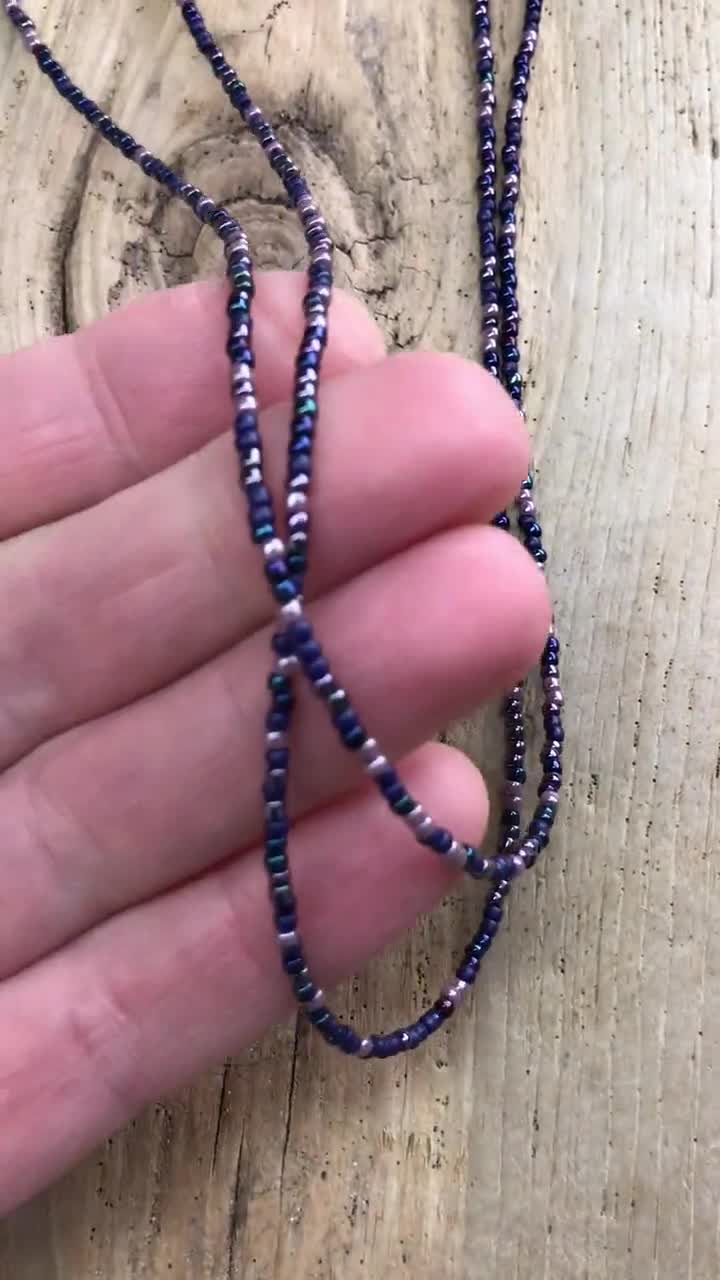 Iris Dark Blue Seed Bead Necklace Multi Color Blue Beaded Single Strand Necklace-Long to Choker Lengths
