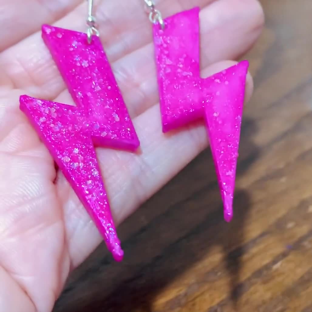 Hot Pink Glitter Lightning Bolt Leather Earrings 80's style Retro