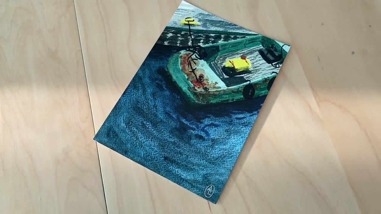 Watercolor postcard river boat A6 postcard