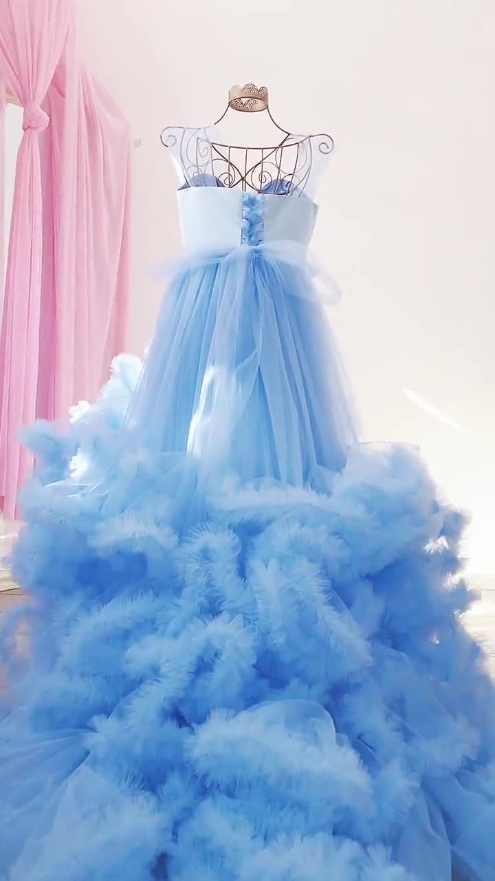 Trouwen Kleding Jurken Jurken bloemenmeisje prinses fotoshoot Boho blauwe bloem meisje jurk met sweep lange trein bal puff meisje jurk met strass riem verjaardag meisje jurk 