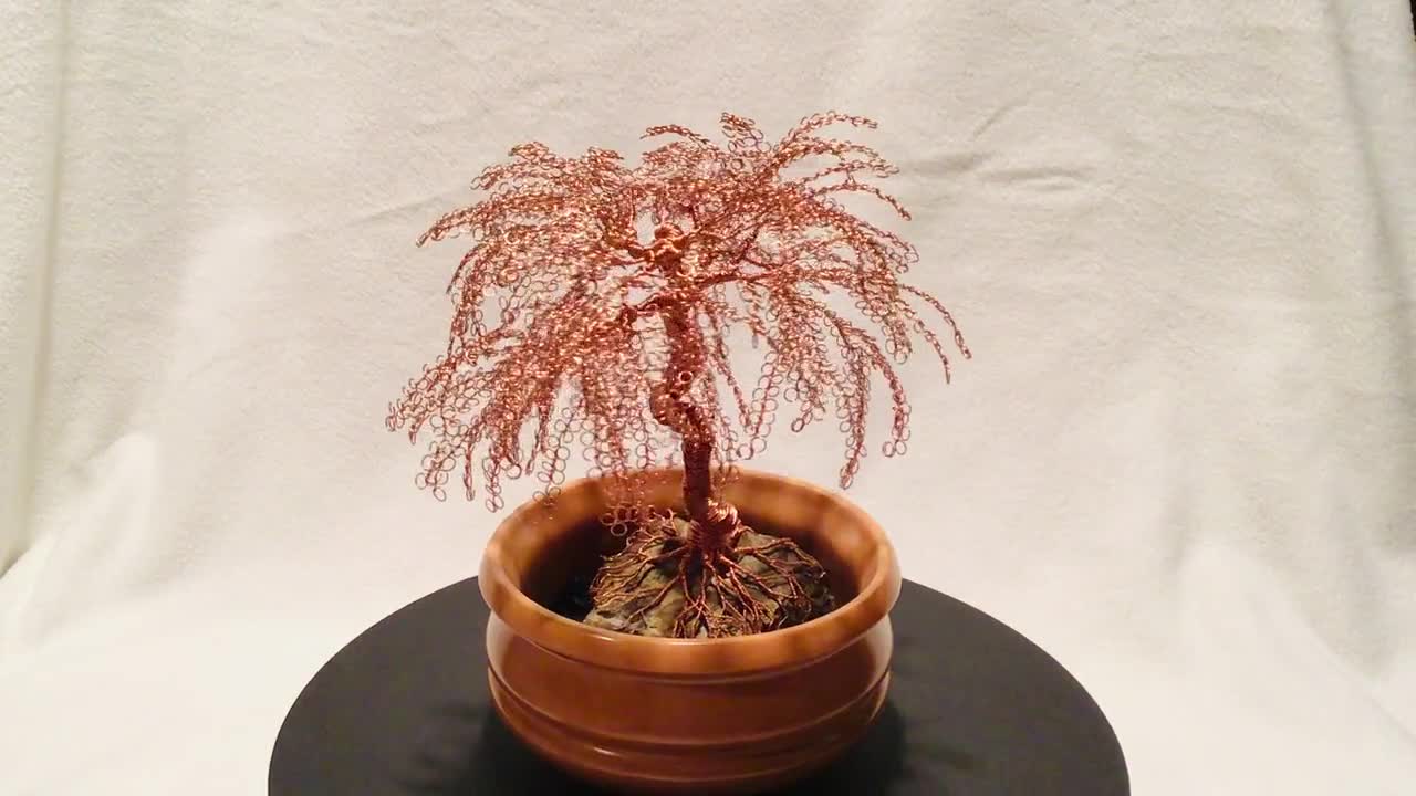 Tree of Life in Turned Maple Vessel Twisted and Wrapped Semi Cascading Copper Bonsai Tree