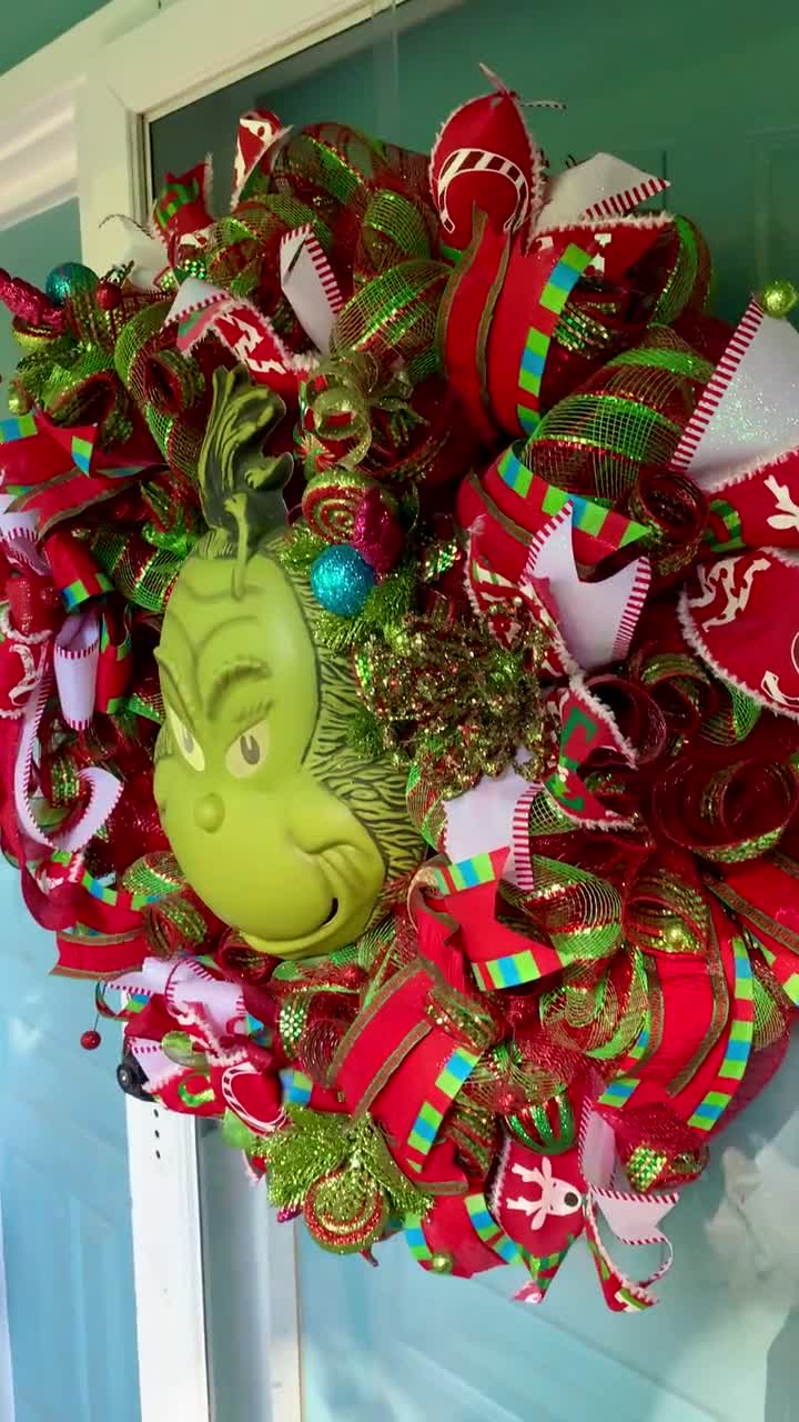 Extraordinary Lit Grinch Wreath; Christmas; Holiday front door