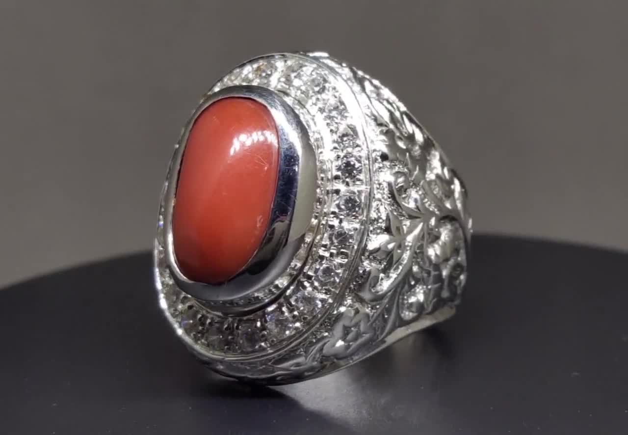 Jewellery Rings Solitaire Rings Natural Big 10 Carat Capsule Shape Australian Deep Red Coral Marjaan Ring Men's Heavy Ring Handcrafted Artisan Ring Reliable Gemstone Ring 