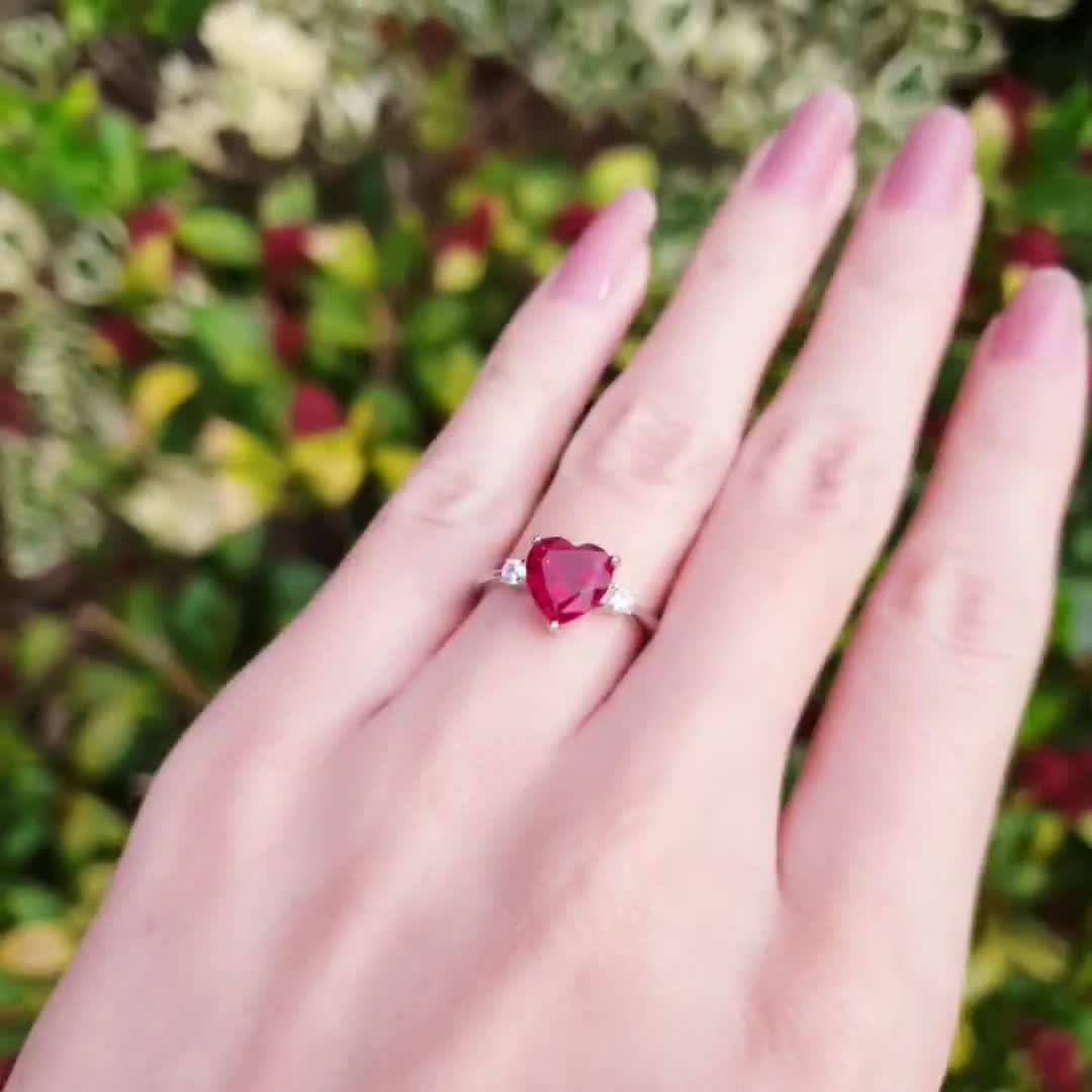 Heart shaped genuine lab grown ruby engagement ring, July birthstone  promise ring, red heart ring, heart cut gem ring, red stone ring