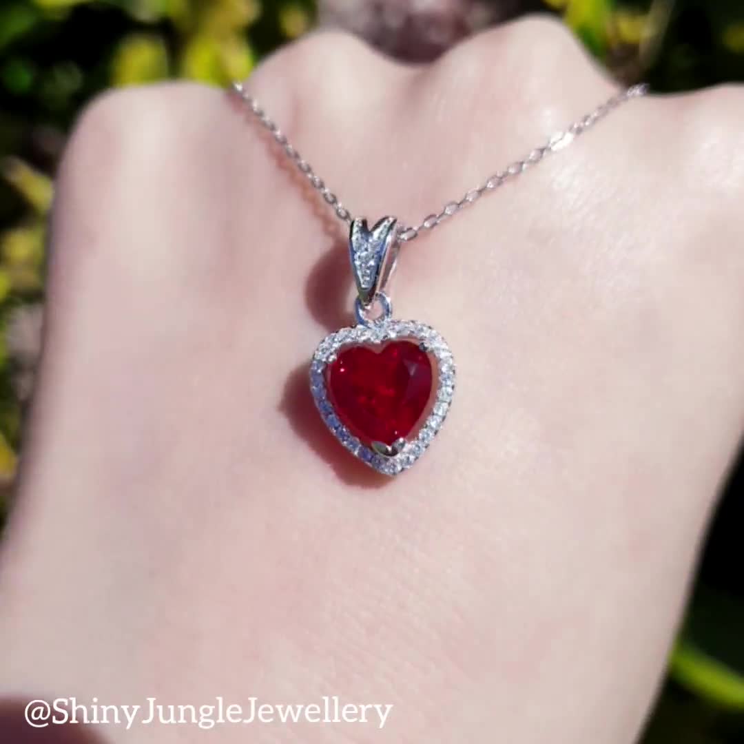 Heart Cut Ruby Necklace, Halo Heart Shaped 2 carats 8*8 mm Genuine Lab  Grown Ruby necklace, July Birthstone promise gift, red heart pendant