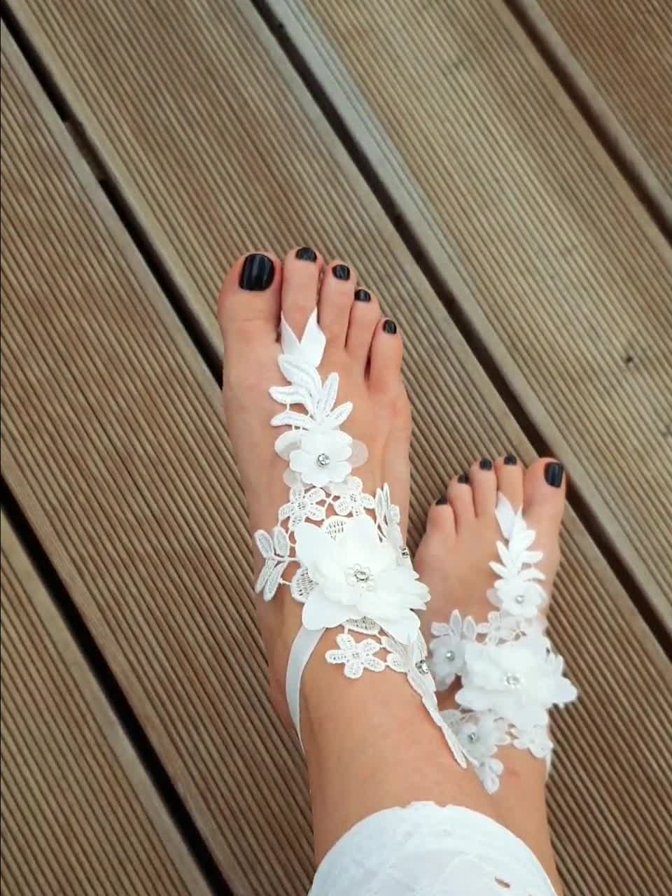 Shoes Womens Shoes Sandals Barefoot Sandals Made to measure bespoke luxury handmade barefoot boho sandals hand stitched lace crystals pearls destination beach wedding 