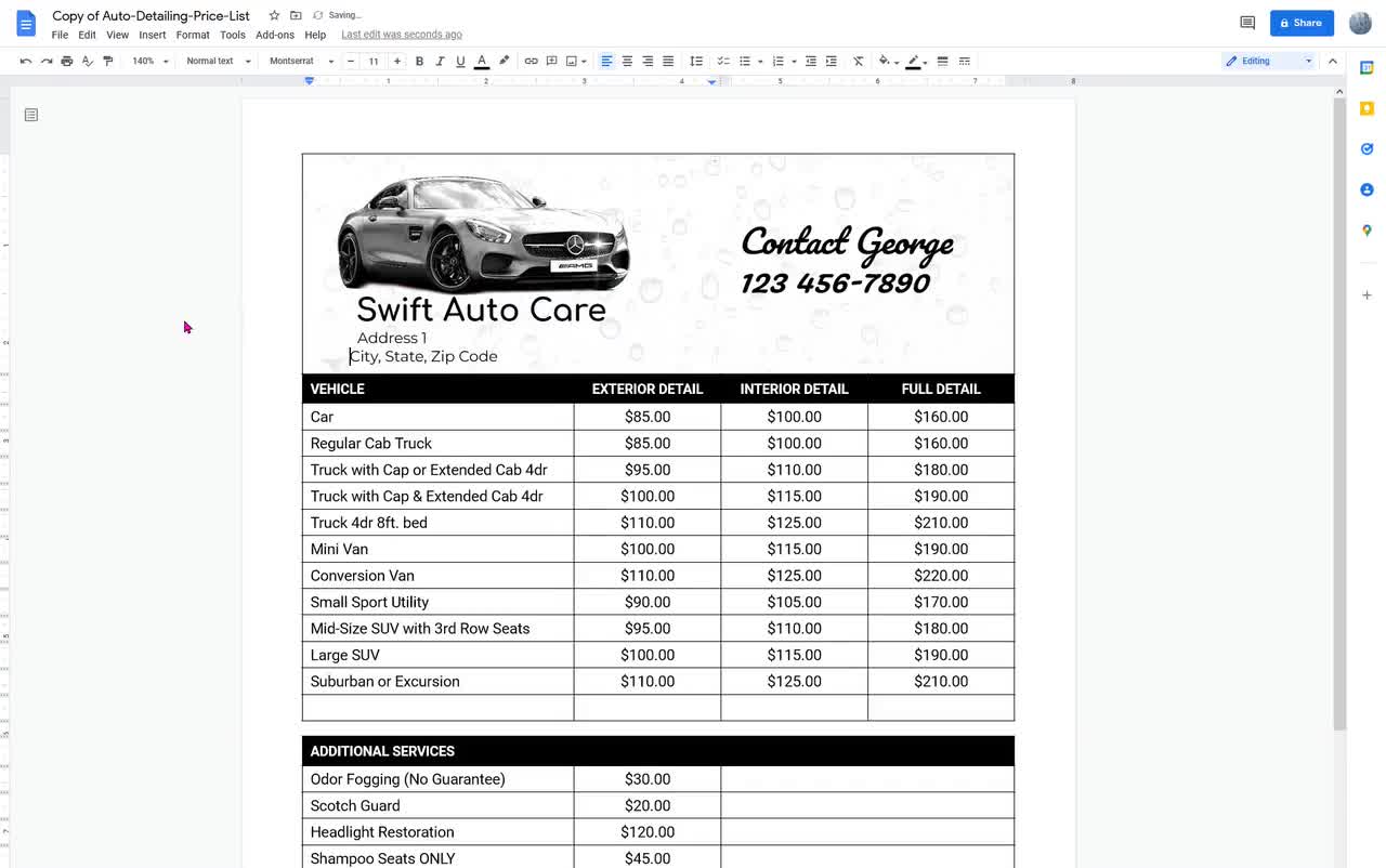 Mobile Detailing Price List Template