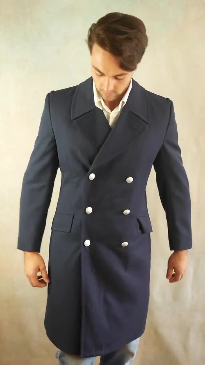 Navy Blue German Military Overcoat, European Vintage Wool Blend  Double-Breasted Officer Coat w Silver Buttons: Medium (38 to 40 US)