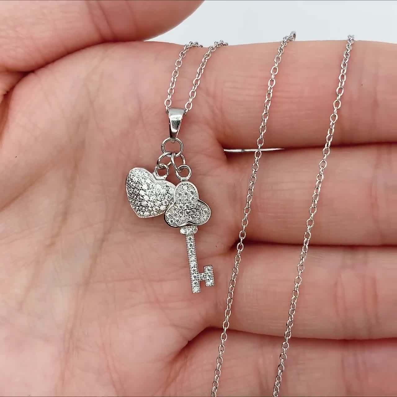 Womens 925 Sterling Silver CZ Crystal Key Love Heart Pendant Necklace #NE85 