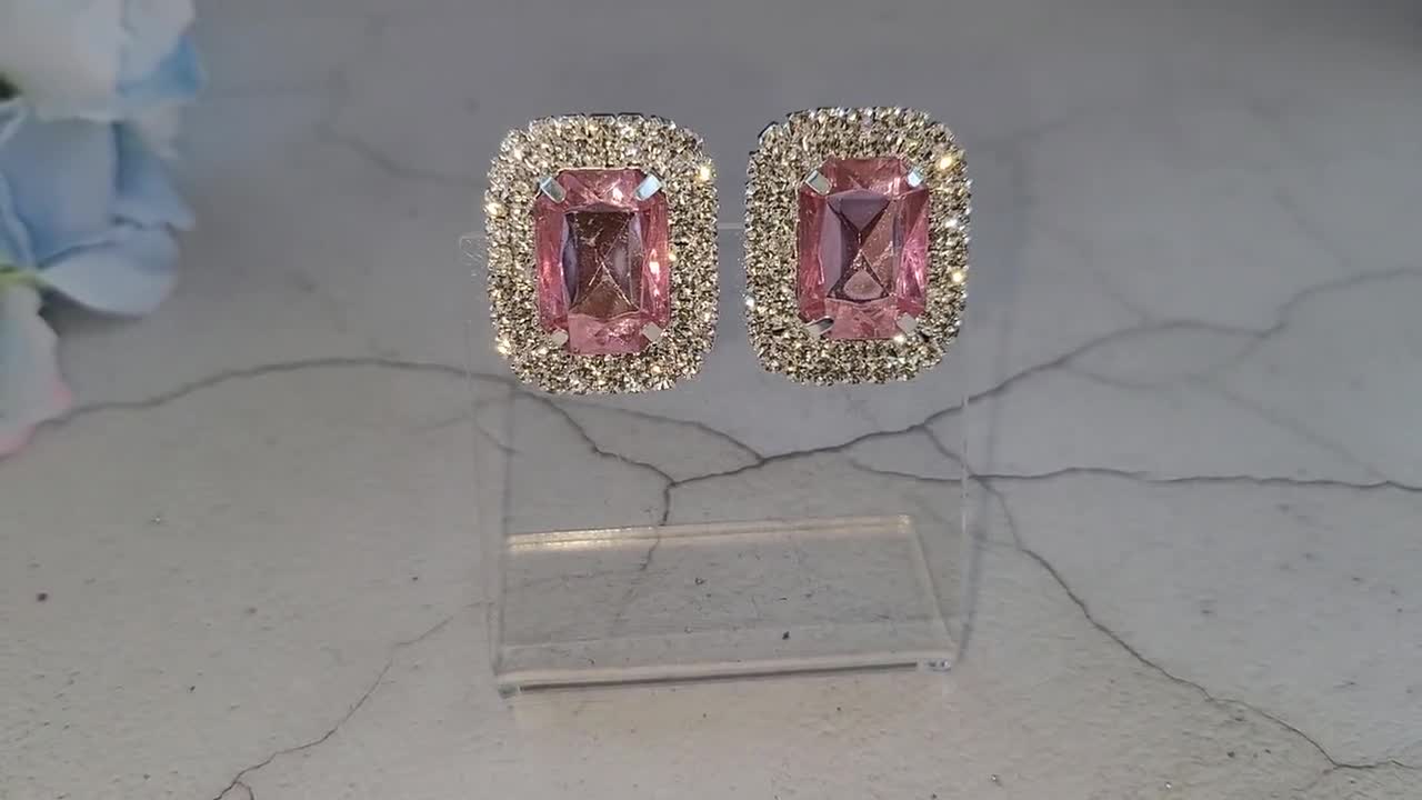 Diamond Pale Pink Acrylic Bead 4 Crystal Drop Clip On Earrings In Silver Tone 