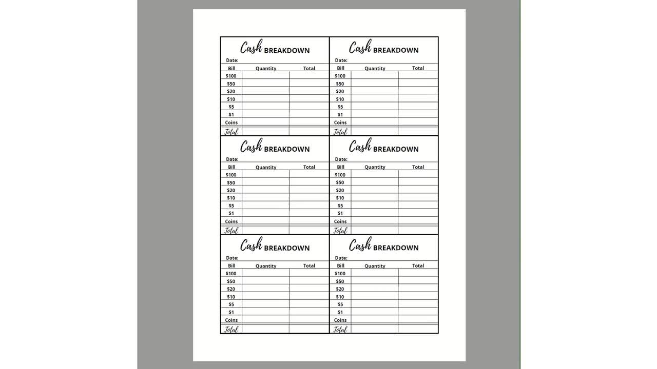Cash Breakdown Slip and Sheet Bundle Printable PDF Bank - Etsy