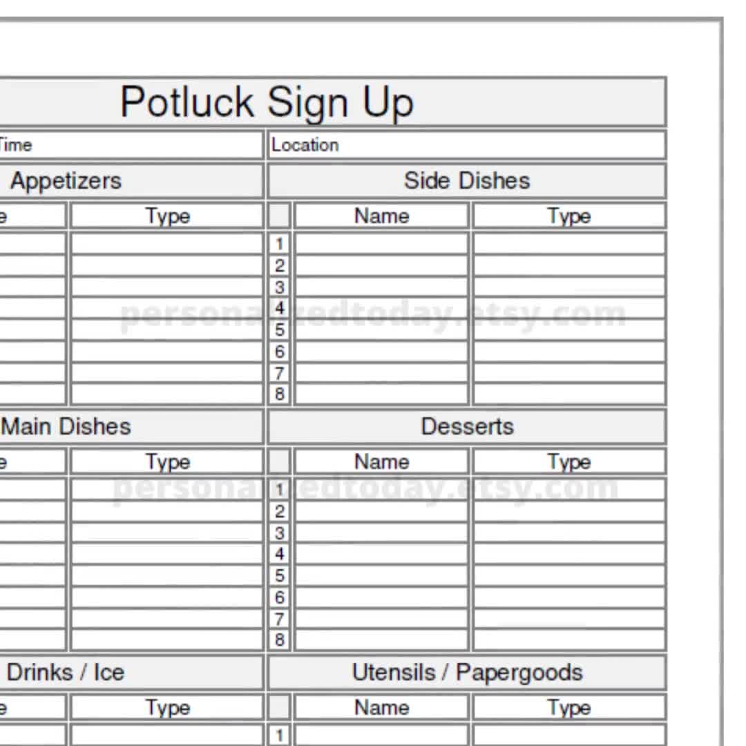 Potluck dinner menu sign up form print and write and fillable - etsy