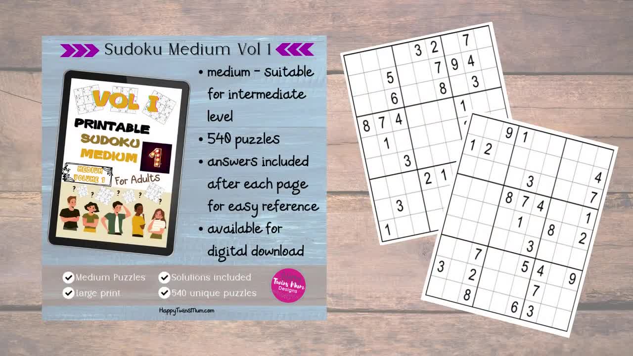 printable sudoku medium for adults vol 1 540 different etsy