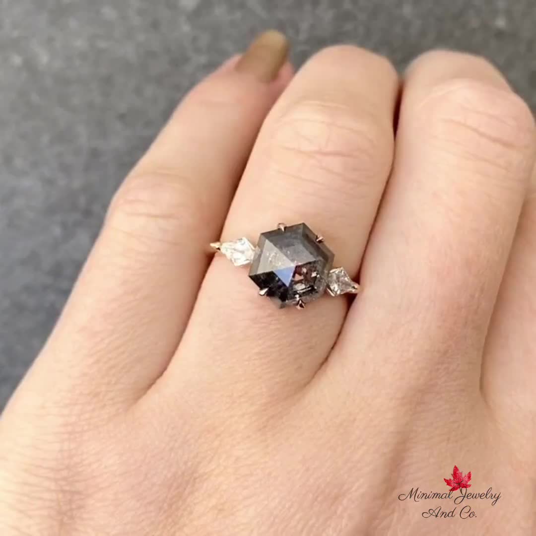 2.9CT hexagon salt and pepper diamond ring,2 kite shaped three stone  engagement ring,unique claw prong wedding ring,anniversary,promise ring