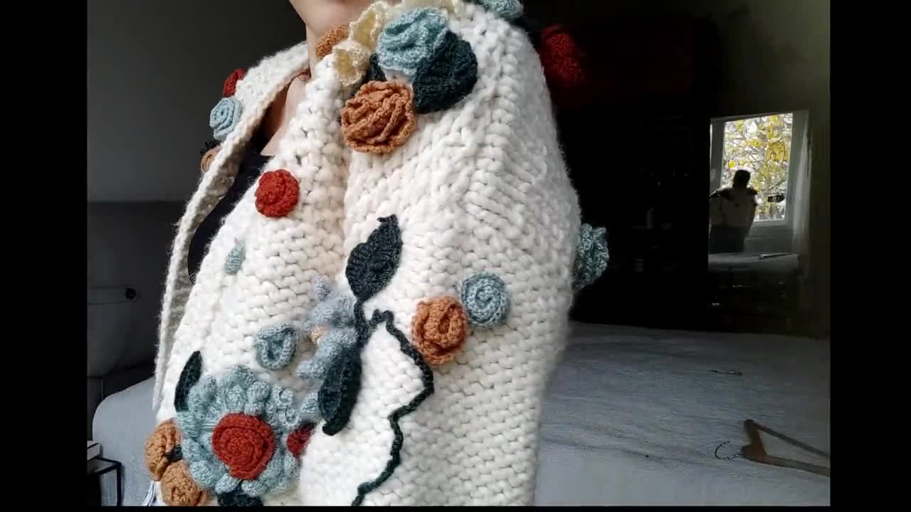 Handmade Knit Cardigan, Chunky Embroidered Cardigan, Cropped Cardigan, Wool Cardigan, Flower Cardigan, Embroidered Sweater, Summer Cardigan