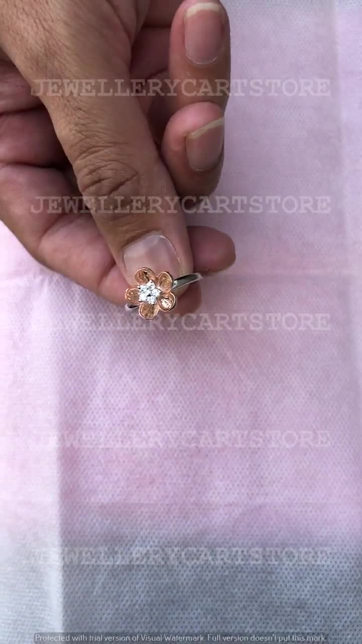White Round Diamond Accent Solitaire Rose Promise Ring in Two-Tone Gold Plated Over 925 Sterling Silver 6486 Rising Flower Rose Charm Ring