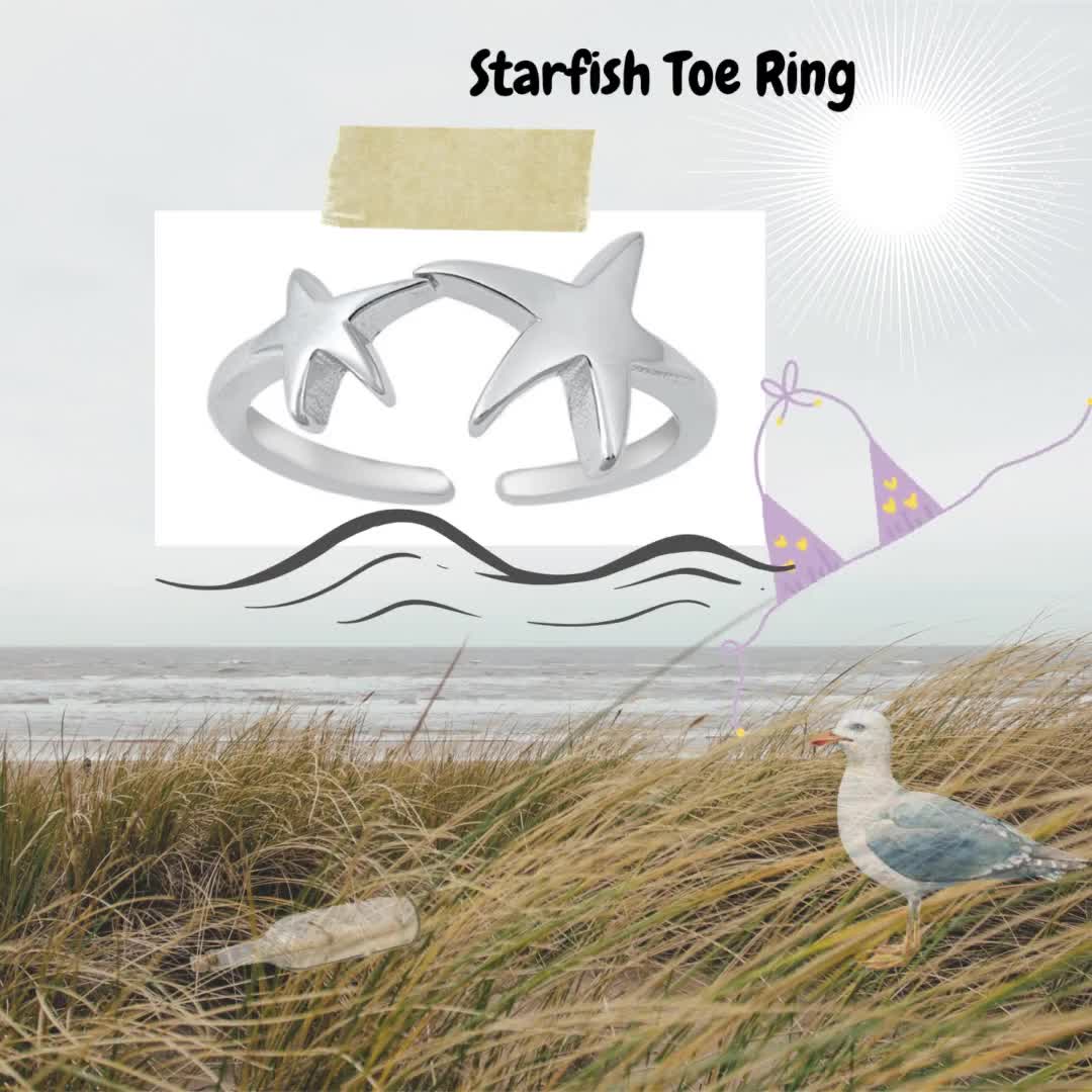 Starfish Toe Ring Solid Sterling Silver 925 Adjustable Jewelry Face Height 14 mm