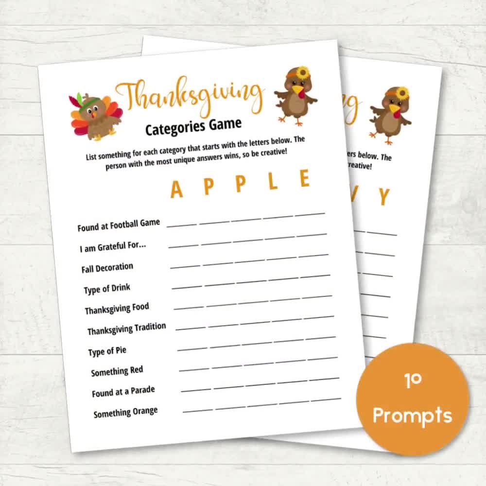 Thanksgiving Categories Game Printable Game Digital - Etsy