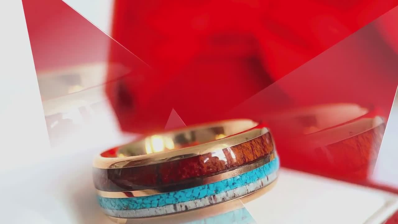 Mens Wedding Band, Women Tungsten Ring, Wood, Turquoise and Antler Inlay  Ring, Antler Ring, Rose Gold Tungsten Wedding Band Engagement Ring