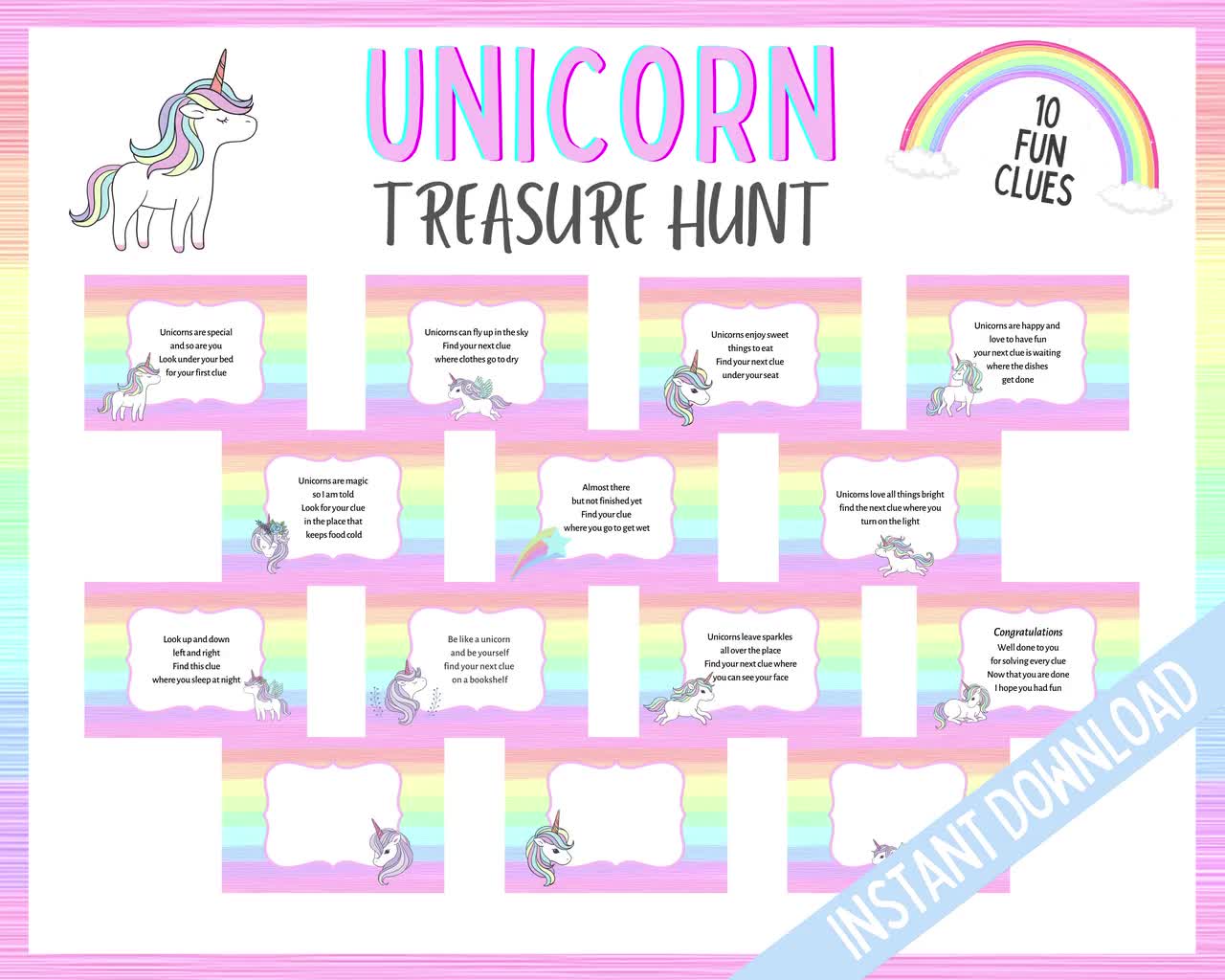 unicorn treasure hunt for kids unicorn scavenger hunt clues etsy