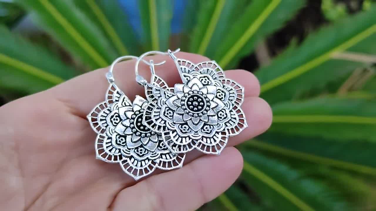 Woven Mandala Floral Bead Earrings with Metallic Flower Center Bohemian White Boho