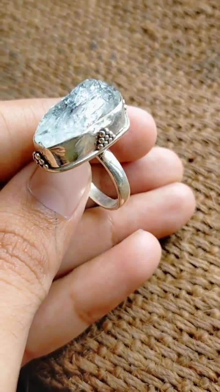 Genuine Aquamarine 925 sterling silver semi-precious stones ring handmade Size 12 