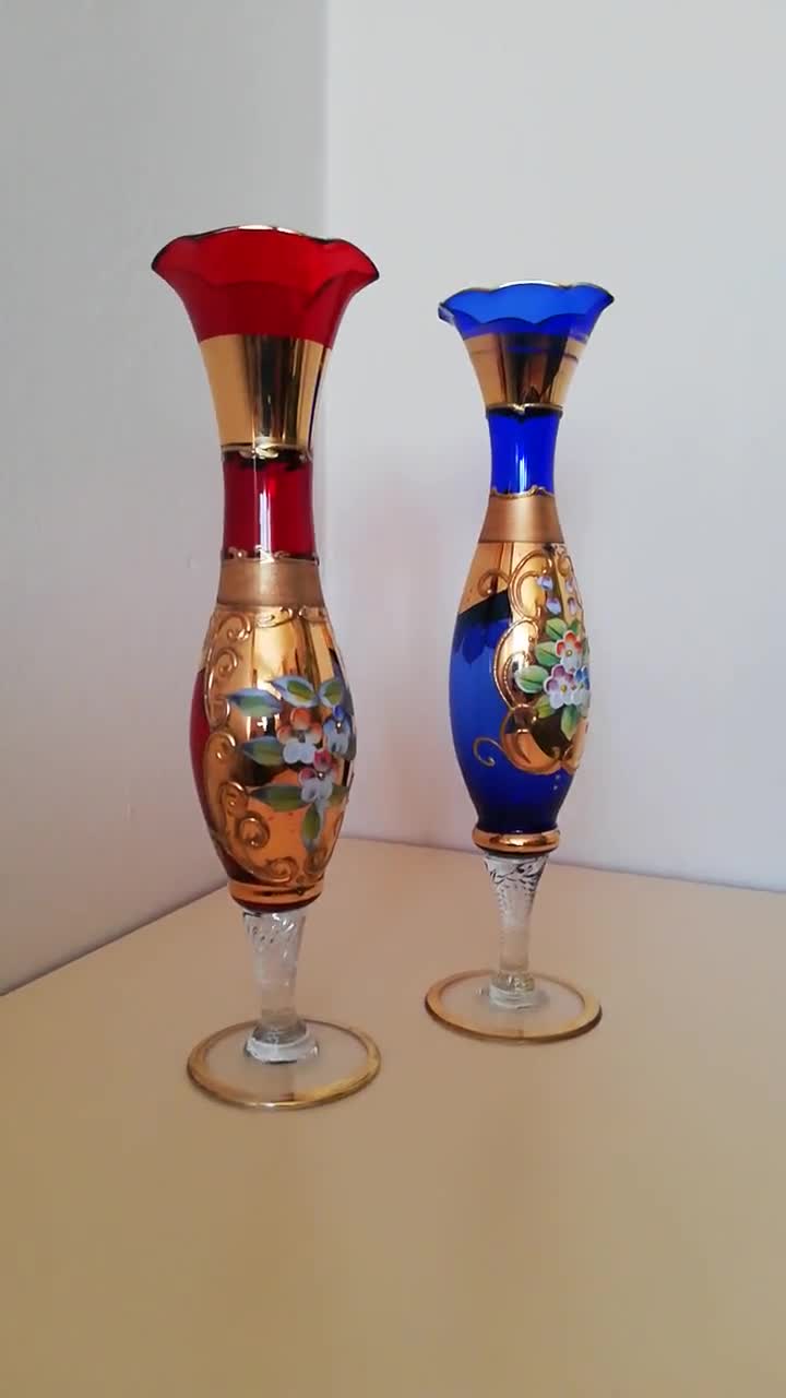 Vintage Czech Bohemian Glass Vases / Blue and Red Bohemian 