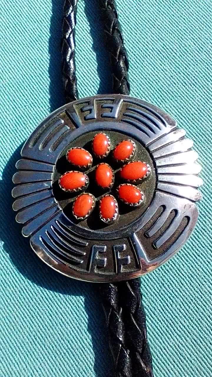 Details about   Navajo Handmade Sterling Silver Coral Cluster Stamp Bolo Tie Rosco Scott 