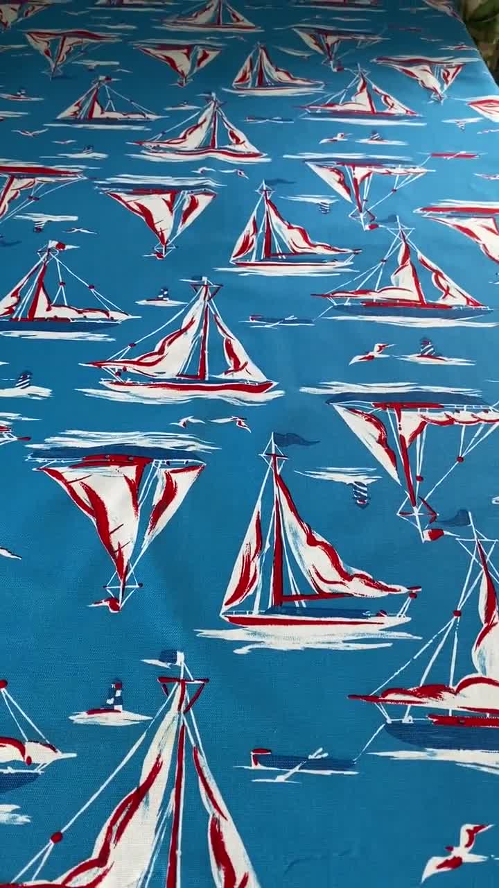 Summer Vintage Fabric Sold by the Half Yard Uncut Sailboat Large Print Sailing Sunsets On White Print Fabric