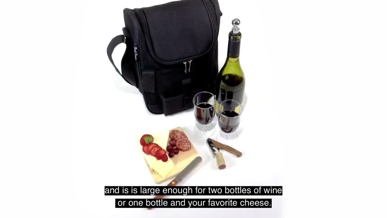 Portable 2 Bottle Wine and Cheese Waterproof Bla Insulated Travel Wine Tote Bag 