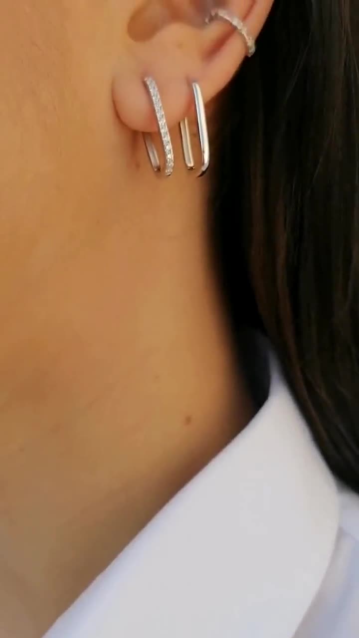 Dainty & Minimalist Pave CZ Oblong Rectangle Hoop Earrings