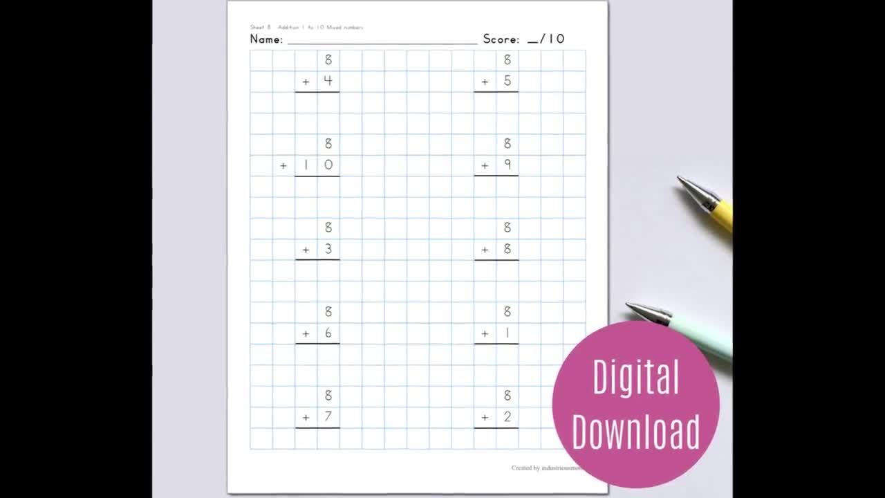 Printable 300 Addition Problems with Numbers 1 -10 Math Worksheets - Find  the sum- Kindergarten Math - 1st Grade Math - Addition Chart