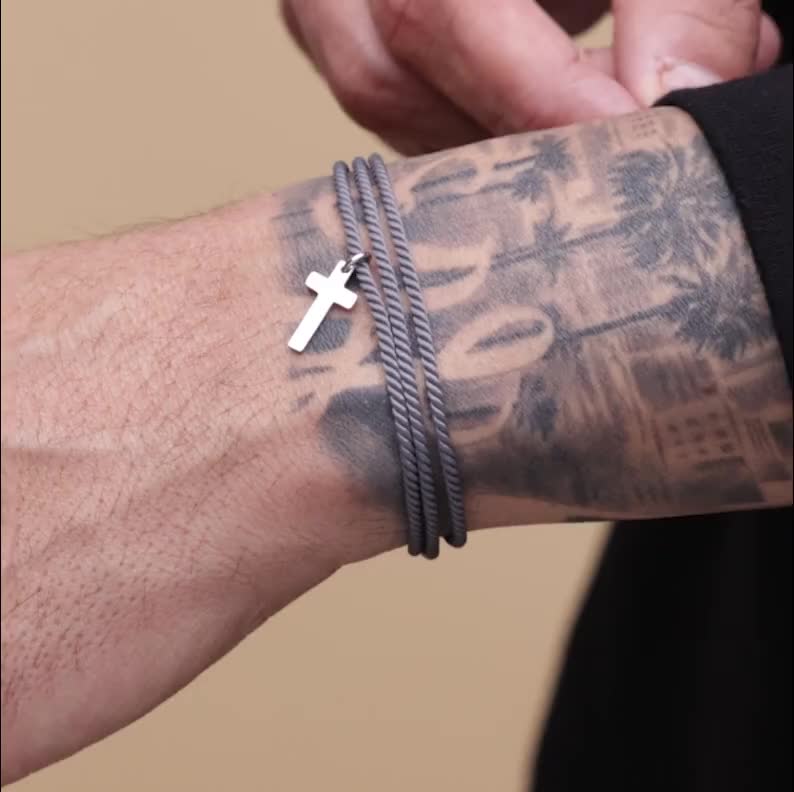 Men's Brown Leather Black Cross Bracelet Black Religious - Etsy New Zealand