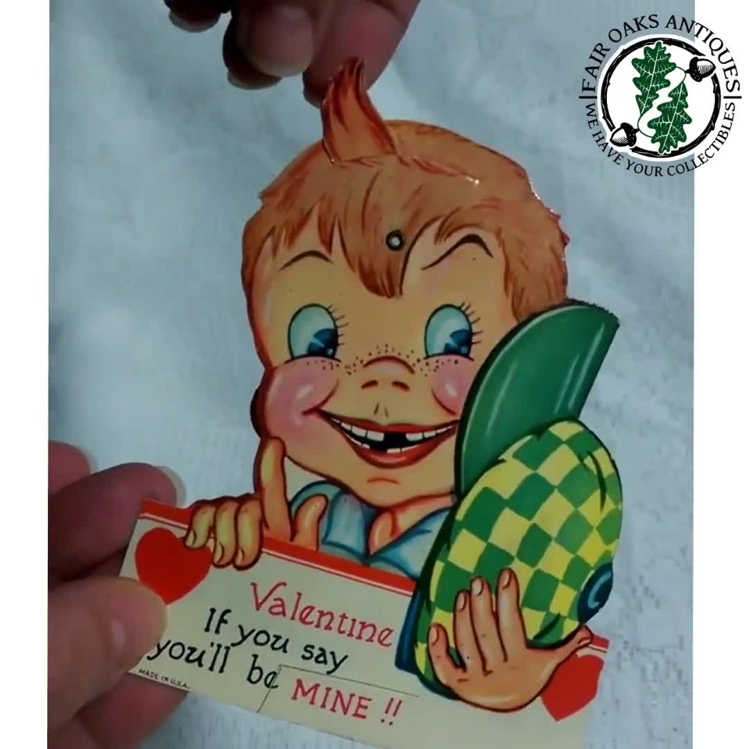 Vintage Mechanical Die-Cut Valentine Funny Looking Alfalfa Cowlick Big Ear Valentine's Day Kitsch Greeting Card