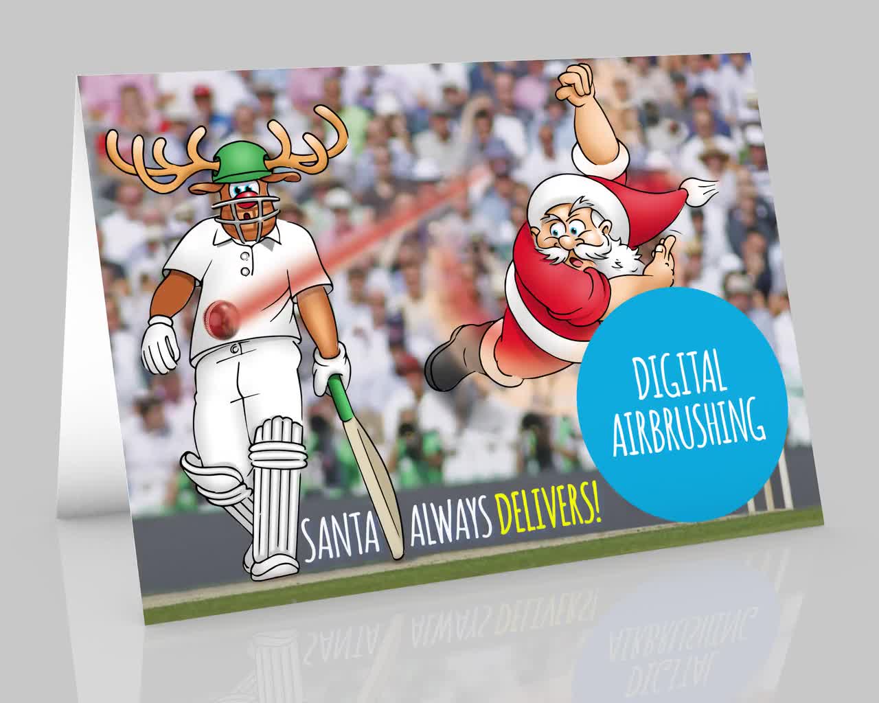 Cricket Christmas cardMixed 3 card packFun cards of Santa bowling batting 