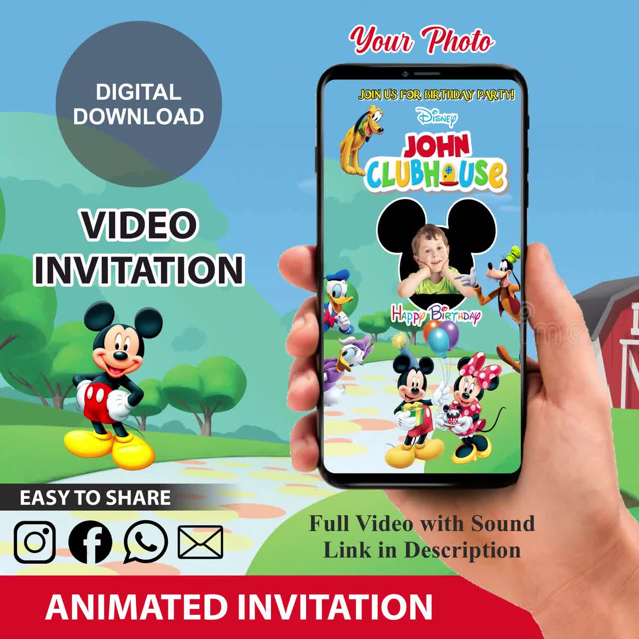 Mickey Mouse Birthday Invitation Video Mickey Mouse - Etsy