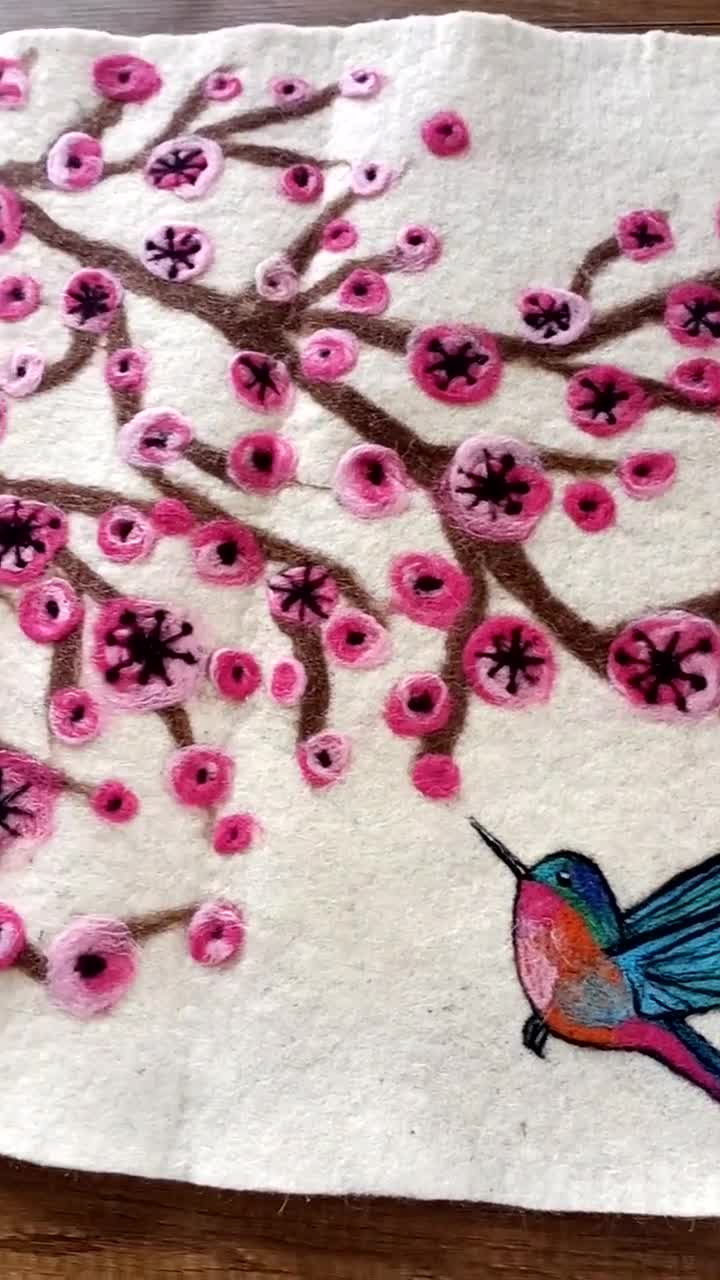 Housewarming Gift Bird Felted picture Sakura Hummingbird Wool Painting Nature Felt Art Sakura Tree Felt Wall Decor Botanical Art