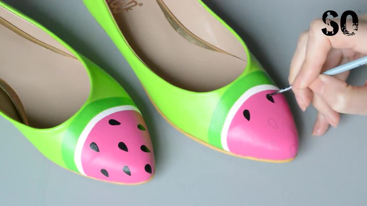 Flats Schoenen damesschoenen Instappers Puntige ballerinas fruit design schoen, custom design plat, handgeschilderde platte schoen watermeloenschoen Sandia 