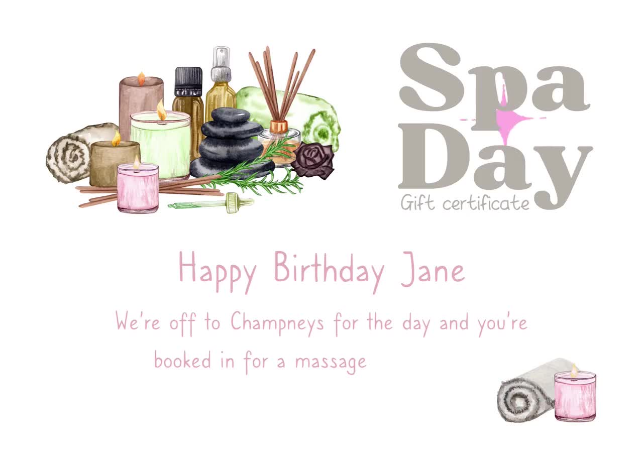 Spa day gift card for friend, gift certificate template printable, spa  treatment coupon, birthday voucher for mum, anniversary gift for wife