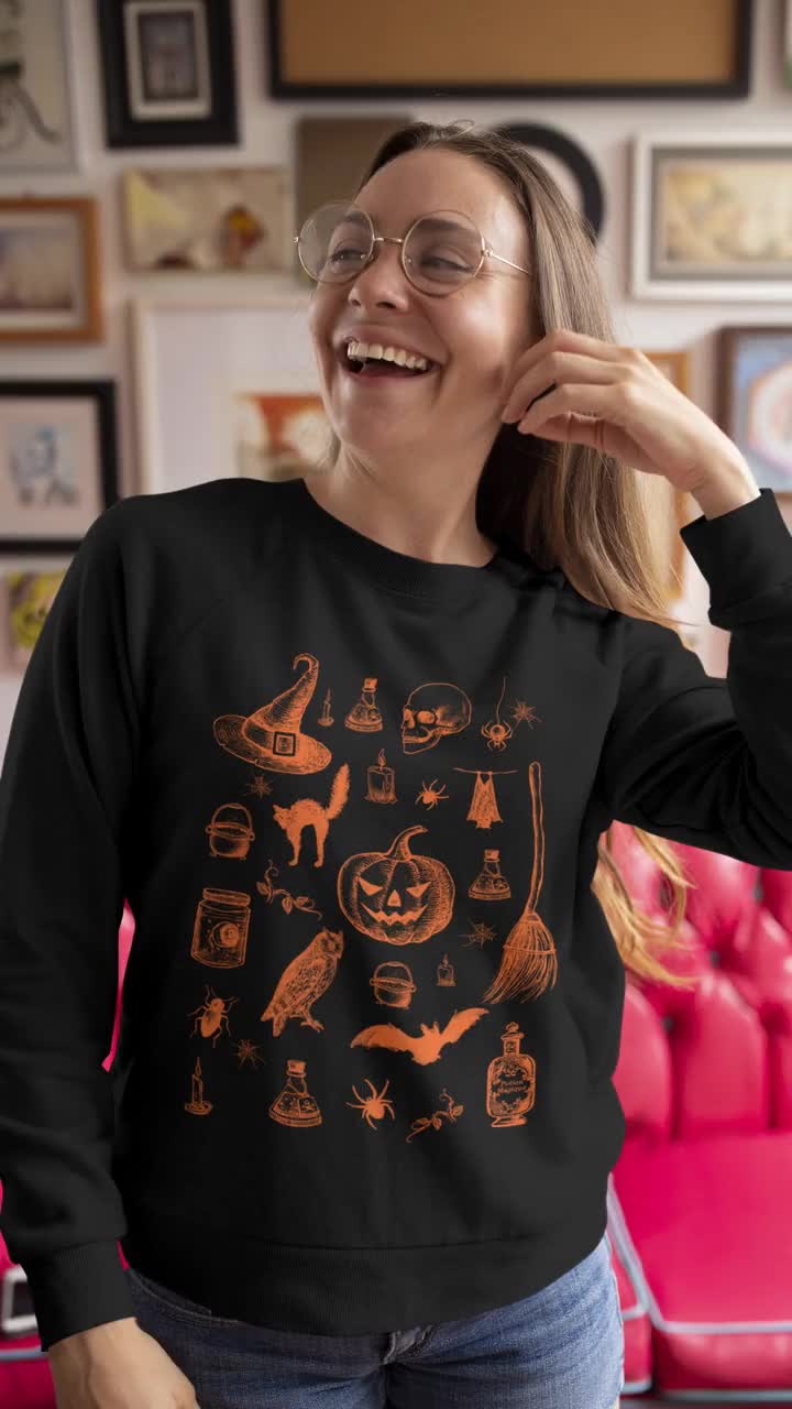 Black Cat Witchcraft Occult Skeleton Mystical Witchy Halloween Pumpkin Sweatshirt Fall Autumn Aesthetic Clothing Gender-Neutral Adult Clothing Hoodies & Sweatshirts Sweatshirts Spooky October Unisex Clothing 