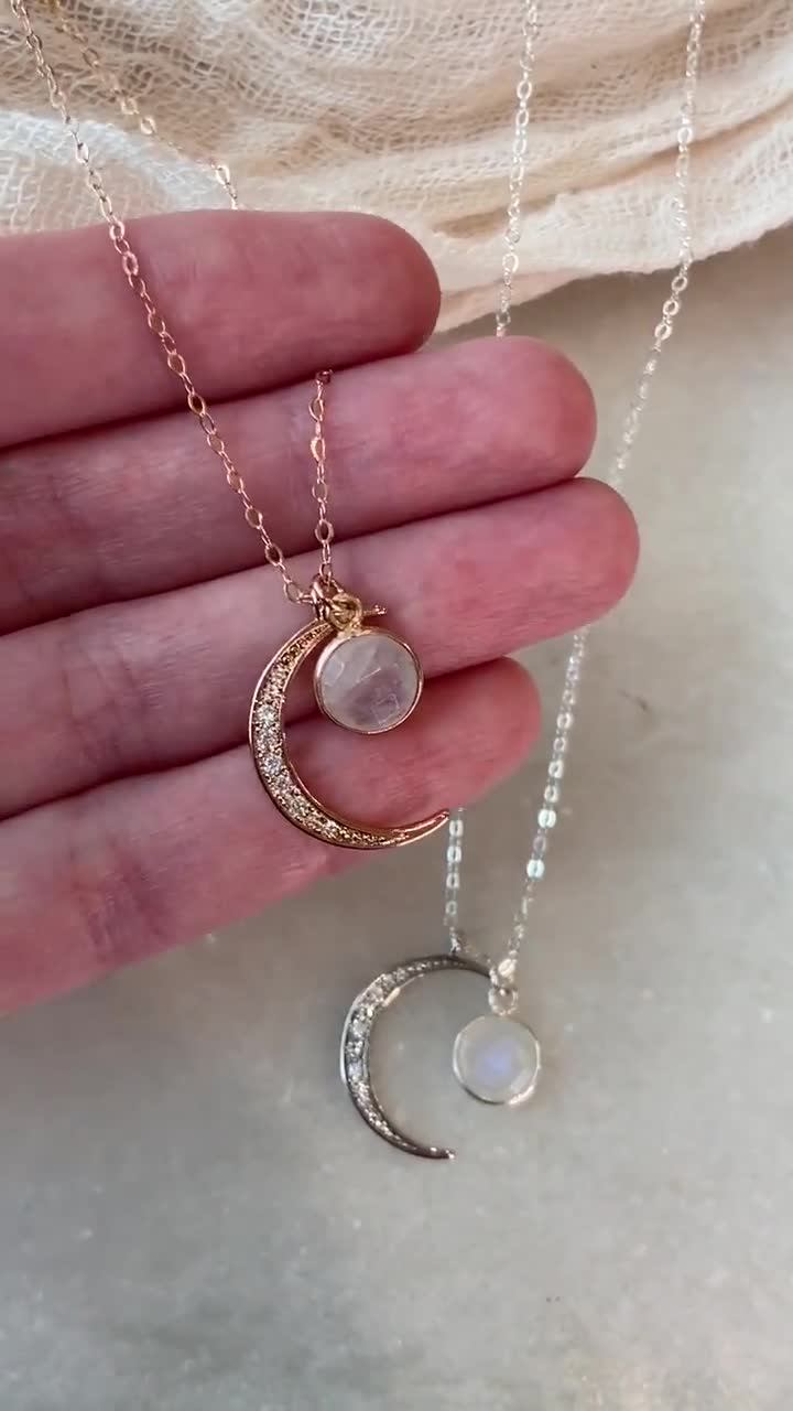 Two Moons Necklace, Crescent Moon Necklace, Moonstone Necklace, Rose Gold  Necklace, Dainty Necklace, Rainbow Moonstone Necklace