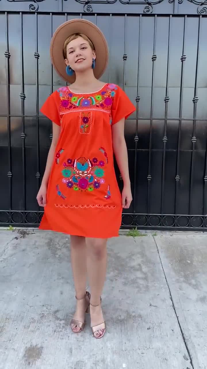 Orange Hand Embroidered Mexican Dress for Women Fiesta - Etsy