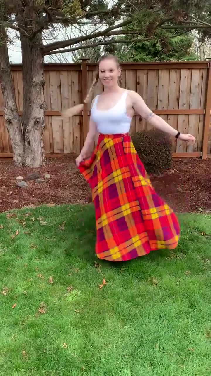 70’s Maxi Skirt by FRITZI of California Wool Plaid Skirt,Bright Colorful Red Yellow Full Length Boho Skirt