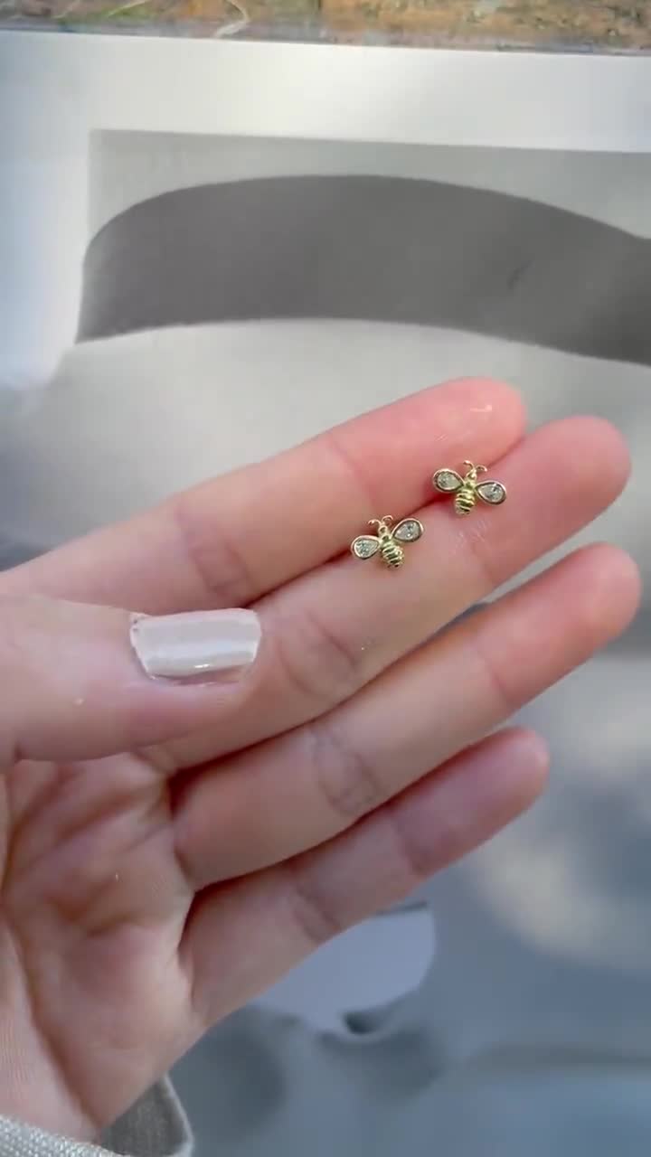 Details about   10mm Honey Bee with CZ Studs Solid 925 Sterling Silver Push Back Earrings 